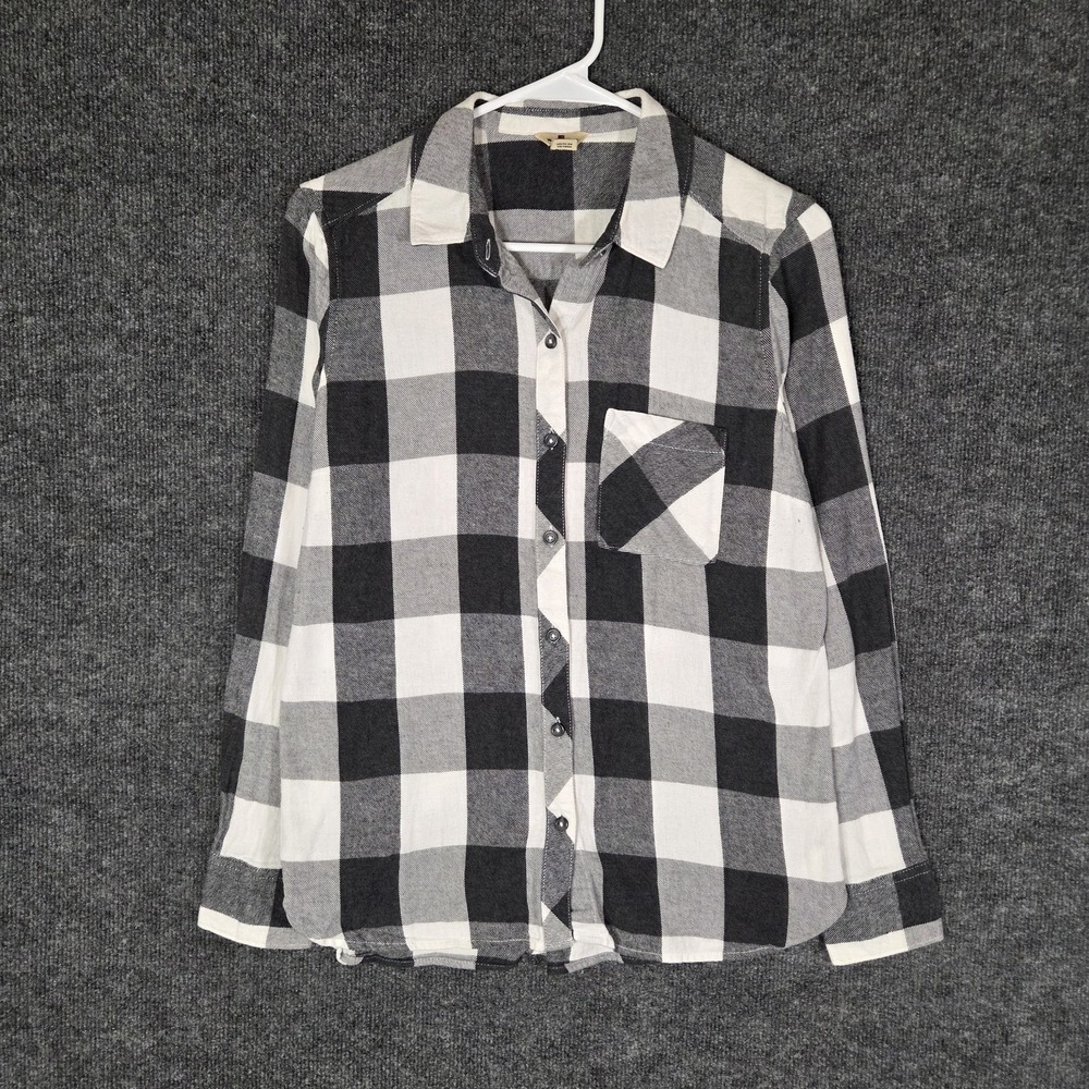 Woolrich Buffalo Plaid Flannel Shirt Womens Medium Black White Button Up Cotton